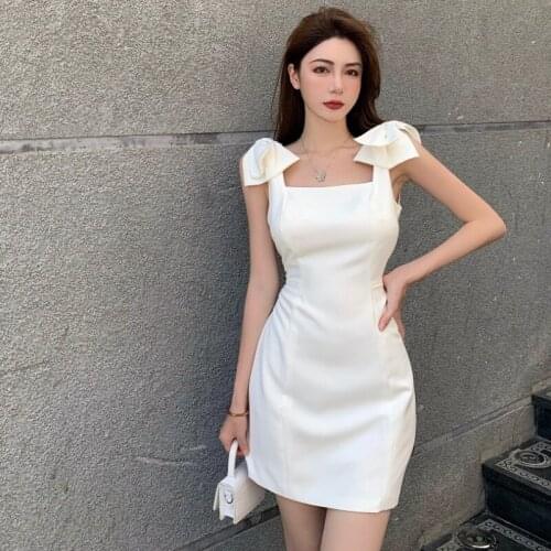 White Dresses Women Bow Off Shoulder Strapless Sexy Club Spaghetti Strap Bodycon Dress Party Backless Slim Black Female New