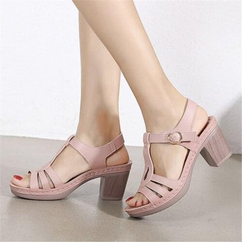 Fashion 7.5CM Square Heels Sandals Womens Classic Black Beige Elegant Openwork Peep Toe Brand Party Dress Shoes Big Size 36-42