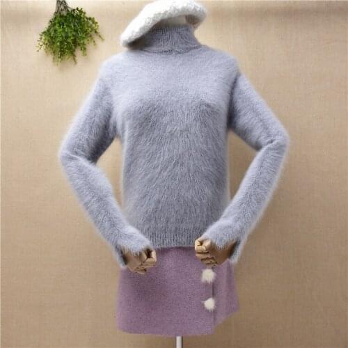 Ladies women fashion hairy winter mink cashmere knitted long sleeves turtleneck slim blouses pullover angora fur jumper sweater