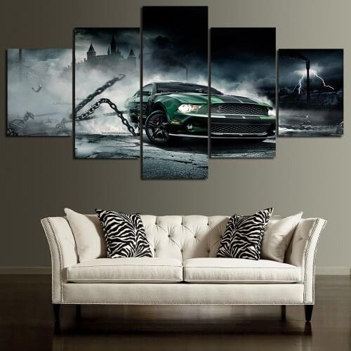 Home Decor 5 Pieces Green Ford Mustang Car Painting Canvas Print Poster Modern Wall Art Modular Picture Bedroom Background Frame