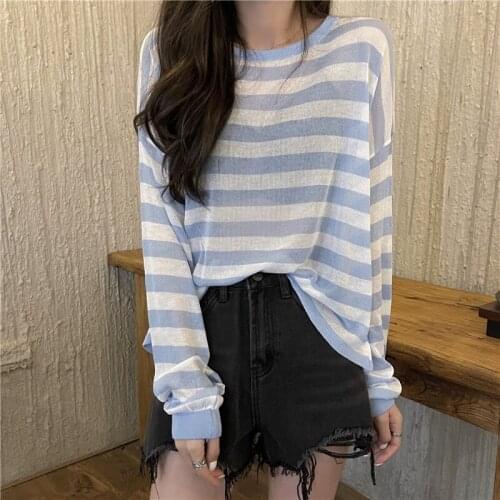Alien Kitty 2021 New Autumn Hot Womens Long-Sleeved T-Shirt O Neck Striped All Match Thin Loose Gentle Casual Fashion Slim Top