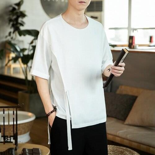 Summer 2021 New Mens Cotton Linen T-Shirt Solid Color Streetwear Harajuku Chinese Style Male Shirt Short Sleeve Tees Tops 31180