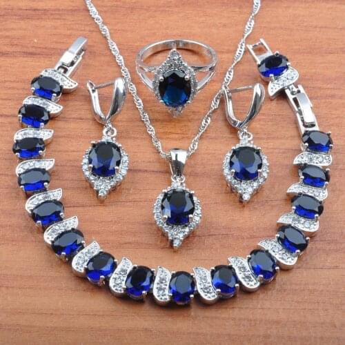 Sparkling Blue Zirconia CrystalSilver Color Jewelry Set For Women Earrings Necklace Pendant Rings Bracelet Set JS0514