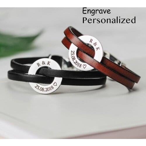 Customized Name Text Circle Bracelets Genunie Leather Magnet Bracelet for Women Men Lovers Personalized Gifts Jewelry SL-140