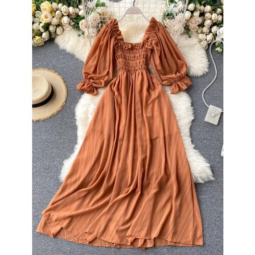 Summer Womens Dress New Square Collar Wooden Ear Bubble Sleeve Dress Korean Style Waist Slim Chiffon Female Dresses LL087