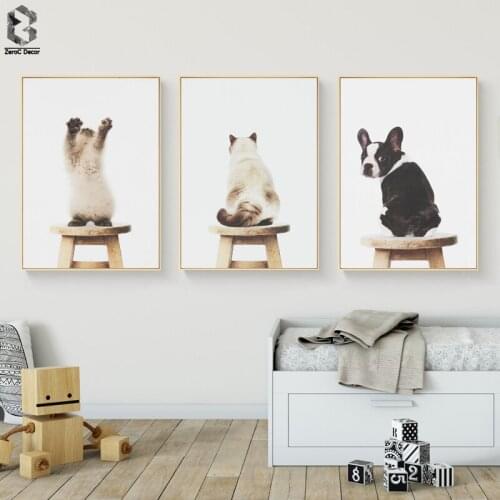 Cute Baby Animal Dog Cat Canvas Art Print and Poster, Nursery Woodlands Canvas Painting Nordic Wall Picture Kids Room Decor