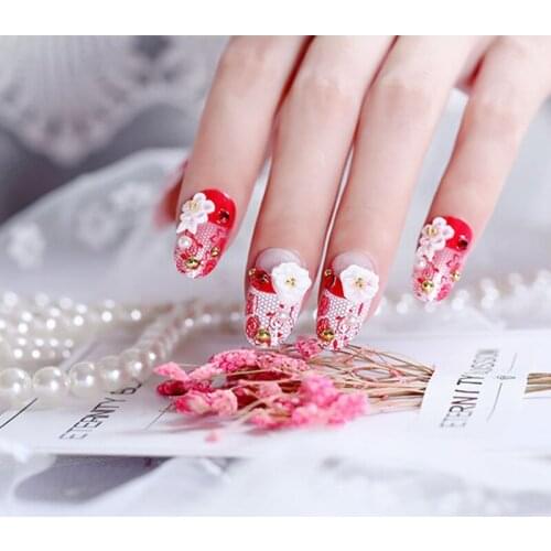 24pcs/box back with glue 3D Flower False Nails press on Artificial Nail Bride Wedding Red Color Lace Full Cover Fake Nails