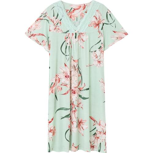 Flower Modal Nightgown Women Short Sleeve dress Nightwear Sleepwear Female Lounge Wear Night Dress Home Sleepshirt Nighty 3XL