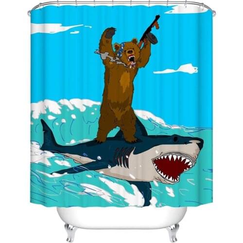 Cartoon Bear Riding Shark Surfing Pattern Digital Print Bath Shower Curtains for Bathroom,Polyester Waterproof Fabric Bath Curta