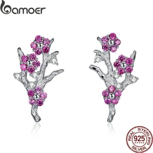 BAMOER New Collection 925 Sterling Silver Wintersweet Blooming Plum Flower Stud Earrings Women Silver Jewelry Gift BSE040