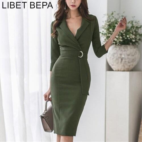 2021 New Autumn Women Dress Notched Vintage Elegant Offical Lady Sashes Skinny Package Hip Deep V High Waist Dress DR783