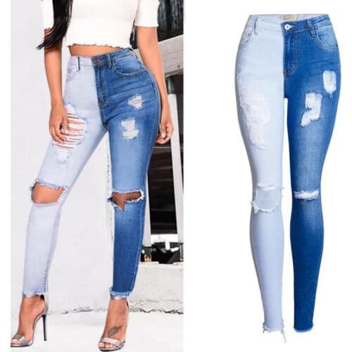 2021 New Autumn Blue/white Patchwork Jeans Women Mid Waist Small-foot Pants Women Elastic Slimming Stitching Denim For Woman
