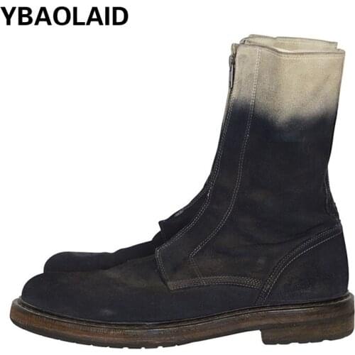 Autumn and Winter New Round Head Temperament Gradient Color Denim Front Zipper Thick Mid-heel Boots Thinner Mid-tube Boots