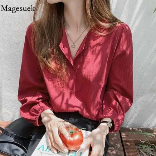 Autumn Cotton Slim Long-Sleeved Shirt Women Wine Red Color Bottoming Shirt All-match Solid Casual Cardigan Blouse Blusas 11682