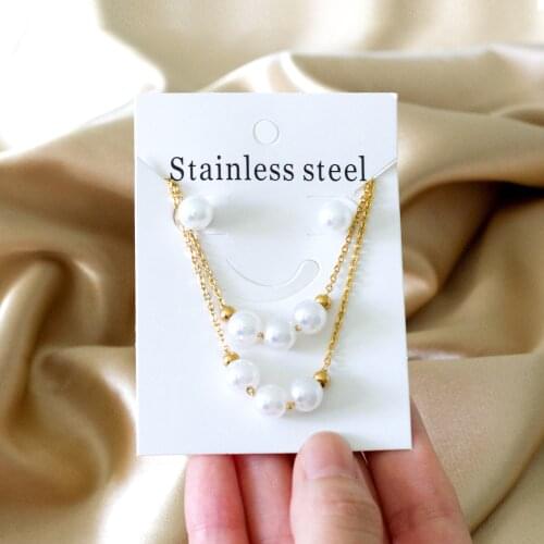 LUXUKISSKIDS White Pearl Pendant Necklaces Stainless Steel Double Chains Earrings Set For Ladies Party Jewelry Sets bijoux femme