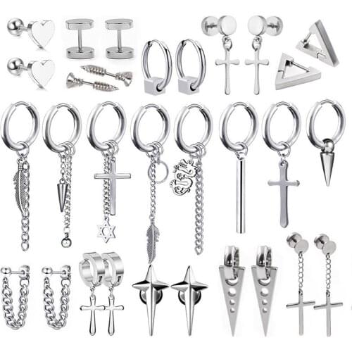 1 pair stainless steel Stud earrings for Men/Women Cross Pendant Long Tassel Unisex Hoop Earrings Punk Gothic Metal Jewelry