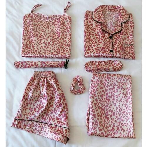 Fdfklak 7PCS Silk Women Lingerie Print Shorts Pant Pajamas Sleepwear Pijams Set Home Cloths All Day Pyjama Spring Summer