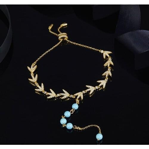 SOELLE 925 Sterling Silver Yellow Gold Color Laurel Leaves with Turquesa Beads Bracelet Pave CZ Zircon Stones Luxury Jewelry