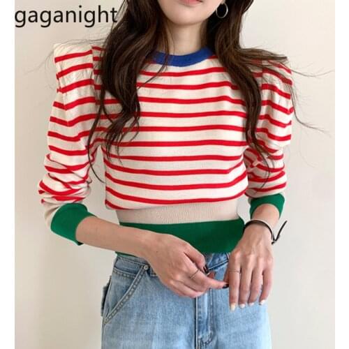 Gaganight Striped Women Fashion Sweater Long Sleeve Crop Pullover Casual Slim Pull Femme Chic Korean Srping Autumn Sweaters Girl