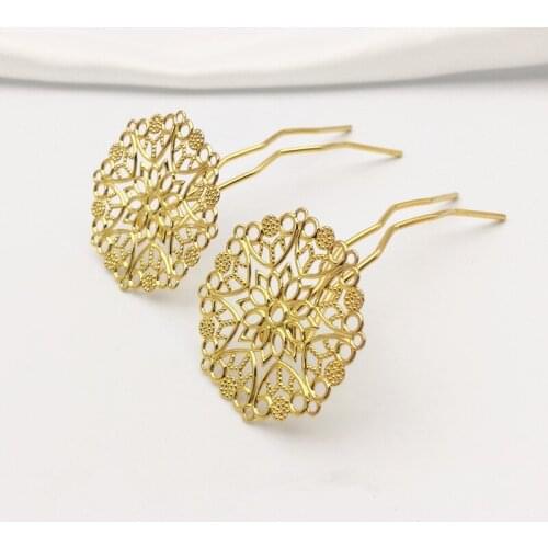 10pcs 35MM Flowers Slice Brass Silver/Gold Color U-shaped HairPins DIY Hair Jewelry Settings Hair clips Accessory Findings