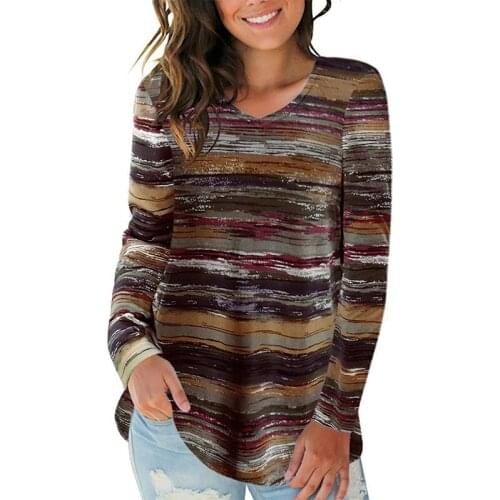 Women Loose Casual Long-sleeved V-neck Blouse Retro Spring Autumn Striped Gradient Contrast Shirts Knitted Printing Base T-shirt