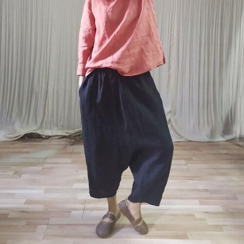 Women Spring Summer Linen Elastic Waist Harem Pants Ladies Vintage Flax Harem Trousers Female Loose Pants 2021