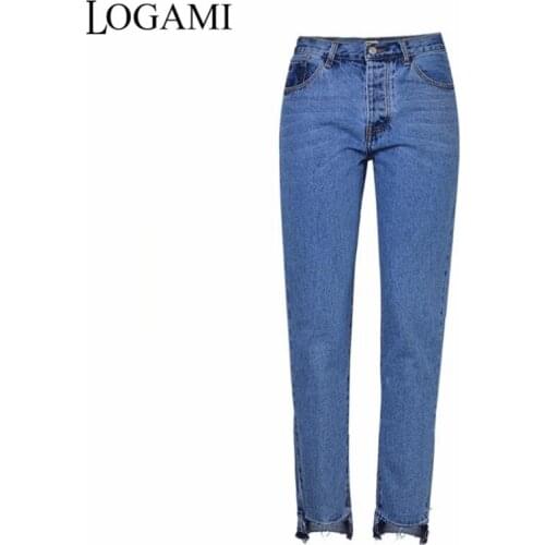 LOGAMI High Waist Jeans Woman Straight Irregular Women Denim Jeans Pants