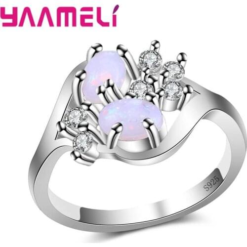 Chic Design Luxury Finger Ring for Women 925 Silver Shiny 2pc Oval Opal & Round Crystal Zirconia Amazing Wedding Jewelry