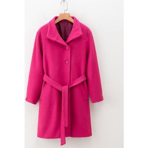 Autumn Women Outwear 2019 New Fashion Rose Pink Color Full Sleeve Sashes Modern Lady Woolen Coat