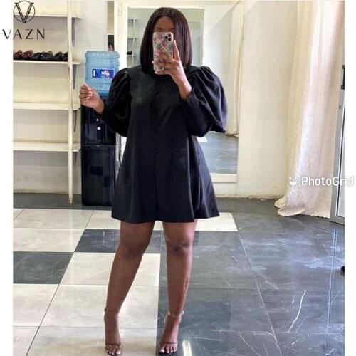 VAZN 2021 Autumn Office Lady Sweet Young Chiffon Long Dress Solid Full Sleeve Women Nature Loose Mini Dress