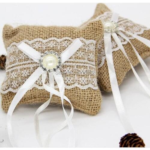 100pcs Lace Bow Ring Pillow Wedding Vintage Burlap Jute Cushion Valentines Day Gift Wedding Decorations Party Supplies