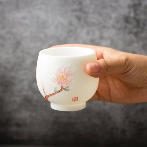Chinese Suet Jade Ceramic Master Cup Meditation Tea Cup Hand Painted Flowers Tea Bowl Water Mug Office Teacup Drinkware 200ml