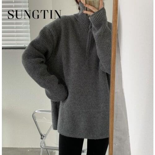 Sungtin Korean Loose Ribbed Sweater Women Zipper Stand Collar Spring Soft Knitted Pullovers Solid Casual Jumpers Chic Streetwear