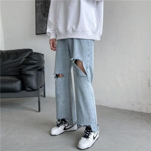 Summer Jean Pants Jeans Knee Ripped Hole Men Fashion Thin Straight Jeans Male Hip-hop Black/Blue Trousers Mens Clothing 2021