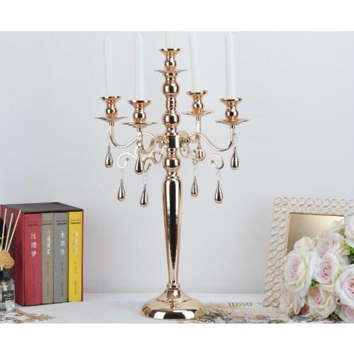 Elegant Golden Candle Holder With Pendants 5 Heads Candelabra Wedding Table Centerpieces Christmas Candlesticks Home Decoration
