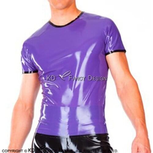 Purple With Black Sexy Latex Shirt With Trims Decoration Short Sleeves Round Collar Rubber Blouse Top Clothing YF-0079