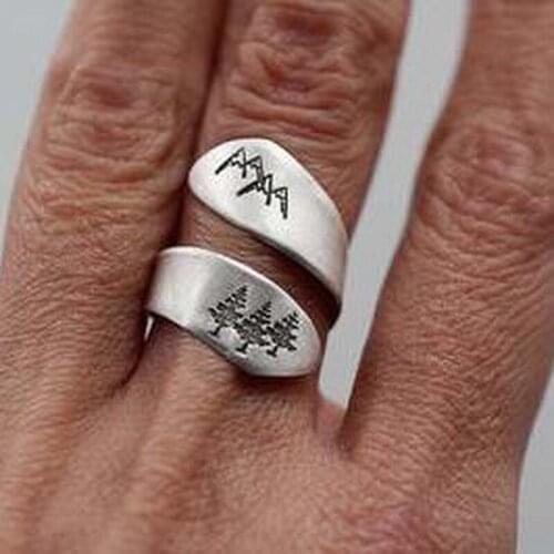 Minar Vintage Silver Color Ring Open Hand Make Mountain Peak Tree Forest Adjustable Wedding Rings for Women Fashion Jewelry