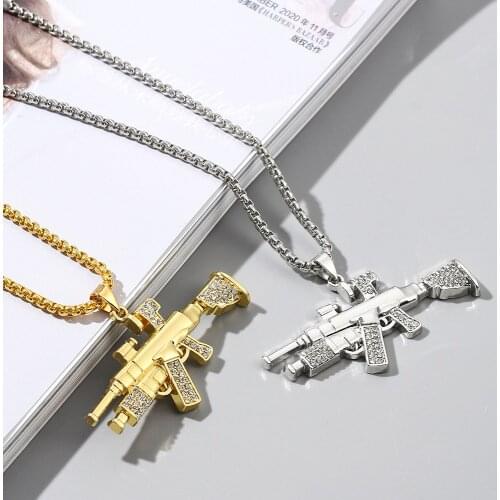 Fashion Hip-hop Submachine Gun Necklace Rhinestone Gun Mans Necklace Cool Rock Rapper Street Dance Party Accessories Gifts