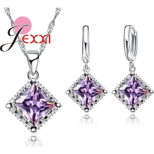 Fashion Bridal Wedding Jewelry Set For Woman Square Princess Cut AAA Austrian Crystal Pendant Necklace Earring Set Female