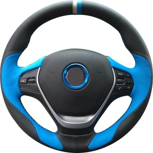 Non-slip Durable Black Leather Light Blue Leather Car Steering Wheel Cover For Bmw F30 320i 328i 320d F20