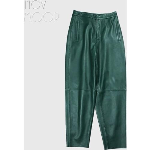 Novmoop Autumn winter natural solid color sheepskin genuine leather women harem pants LT3312