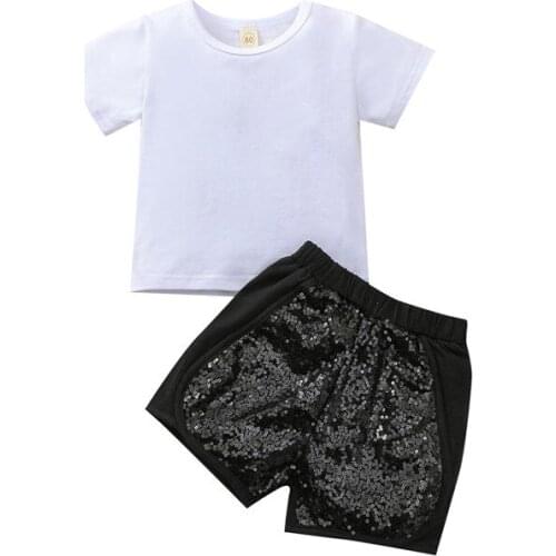 1-6Y Fashion Kids Girls Clothes Sets Kids Girls Summer Short Sleeve Back Sequined Wings T Shirts Tops Sequins Shorts Tracksuit