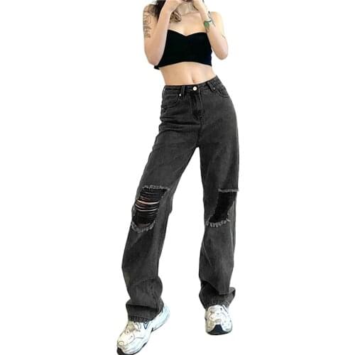 Sexy Women Jeans Vintage Hole Ripped High Waist Straight Trousers Summer Autumn Baggy All-match Streetwear Retro Chic Jeans