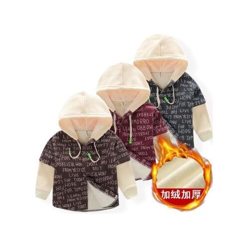 Boys Fake Two-piece Plus Velvet Shirt Hooded Stitching Sleeve Shirt 2021 Winter New Childrens Clothing Baby Boys Letters Tops