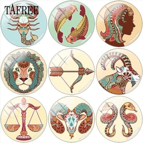 TAFREE New Arrival 12 Zodiac Picture 12/15/16/18/20mm Glass Cabochon Dome Base Cover Pendant Jewelry Accessories