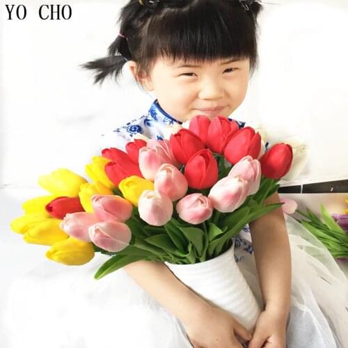 YO CHO 10 Pcs/lot PU Mini Tulip Wedding Flowers Tulips For Home Decoration Fake Flowers Bridal Bouquet Lawn Garden Decorationes