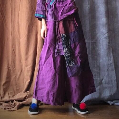 Johnature Patchwork Print 2021 Autumn New Women Wide Leg Pants Linen Elastic Waist Loose Vintage Ankle-Length Linen Casual Pants