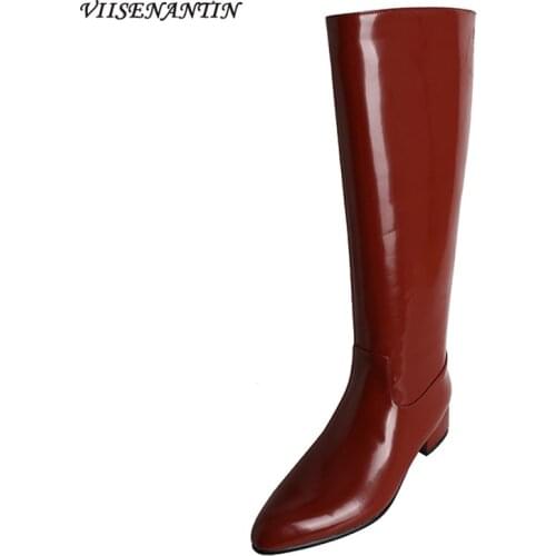 Womens Boots But The Knee 2021 New Net Red Leather Pointed Sleeve Knight Boots Retro Thick Heel Stitching High Boots