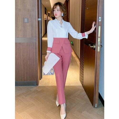 Fashion contrast high-waist stitching arc folded shirt shirt + straight pants suit womens 2020 early autumn new