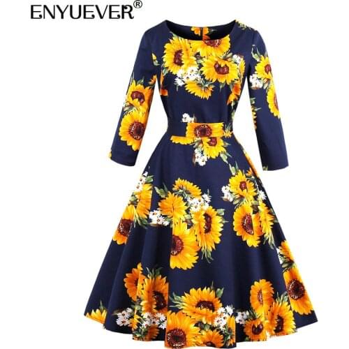 Enyuever Navy Blue Floral Dress Women Clothing High Waist Sleeve Robe Pin Up Swing Cotton Vintage Dress Retro Casual Clothes
